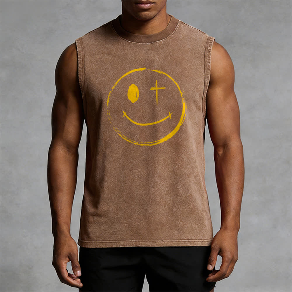 Christianartworkshop Smiley Face Jesus Saves Unisex Washed Tank Top - image 1