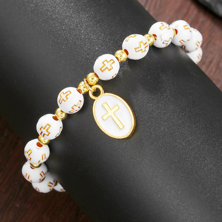Christianartworkshop Dual-Tone Acrylic Cross Bead Bracelet with Enamel Cross Charm: A Vessel for Sacred Daily Faith - White - image 4