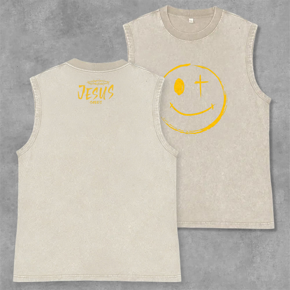 Christianartworkshop Smiley Face Jesus Saves Unisex Washed Tank Top - Beige - 2XL - image 21