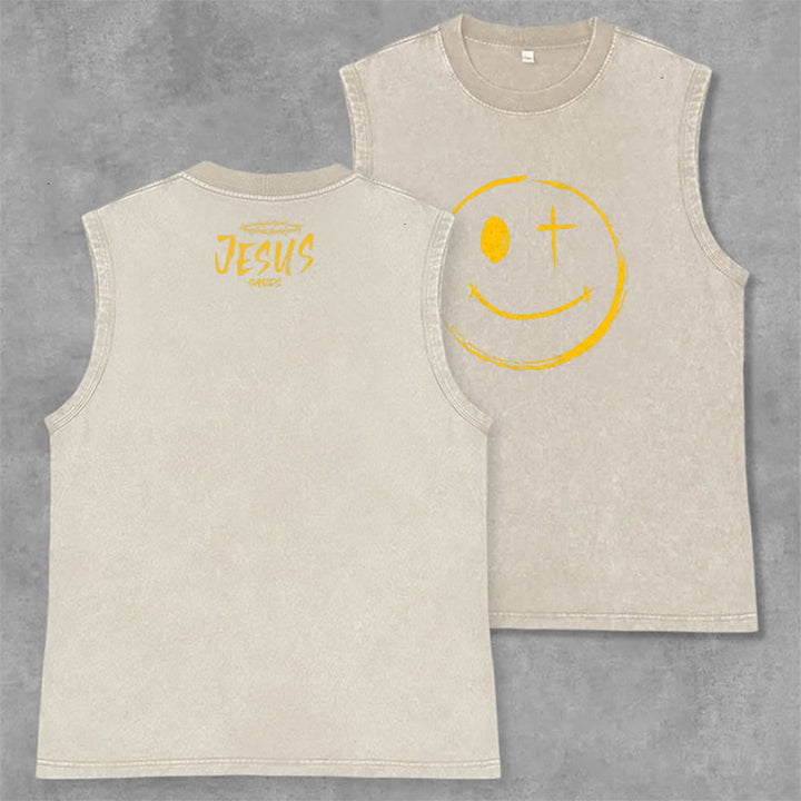 Christianartworkshop Smiley Face Jesus Saves Unisex Washed Tank Top - Beige - 2XL - image 21