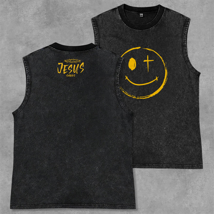 Christianartworkshop Smiley Face Jesus Saves Unisex Washed Tank Top - Black - 2XL - image 7