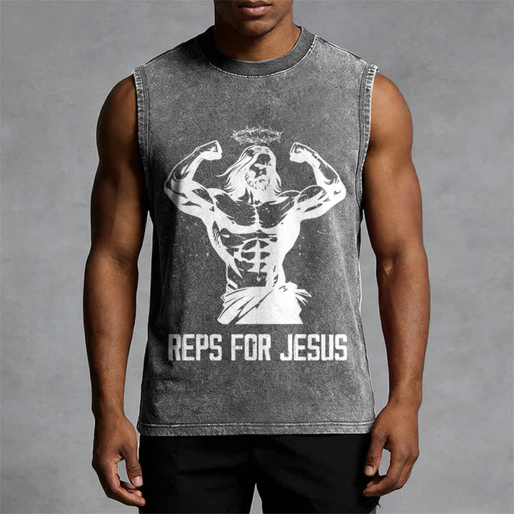 Christianartworkshop Muscular Jesus Crown Of Thorns Unisex Washed Tank Top - image 7