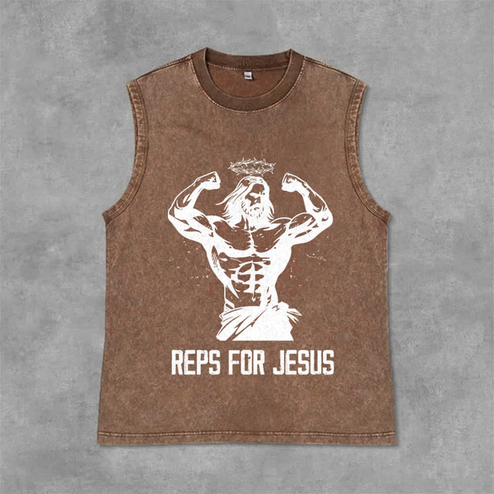 Christianartworkshop Muscular Jesus Crown Of Thorns Unisex Washed Tank Top - Brown - 2XL - image 12