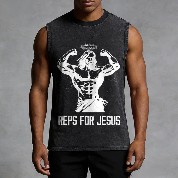 Christianartworkshop Muscular Jesus Crown Of Thorns Unisex Washed Tank Top - image 4