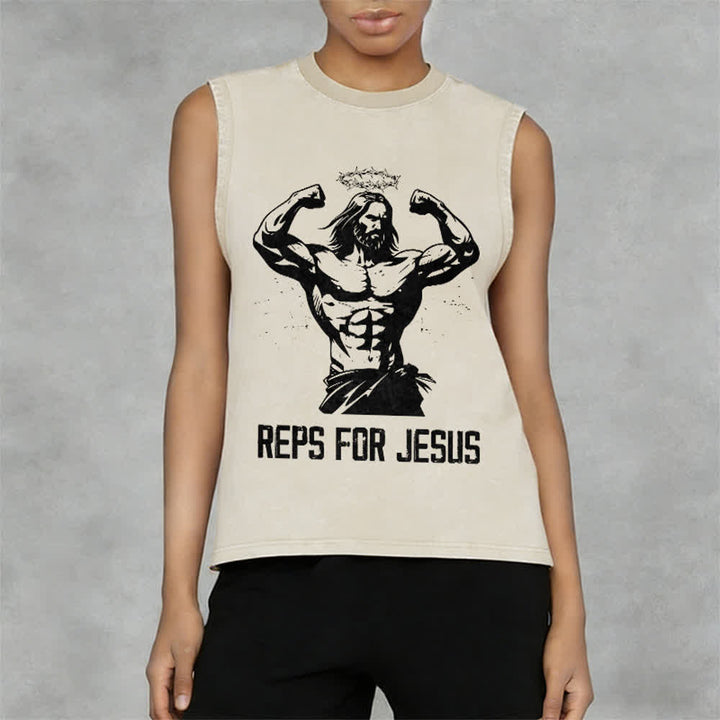 Christianartworkshop Muscular Jesus Crown Of Thorns Unisex Washed Tank Top - image 2