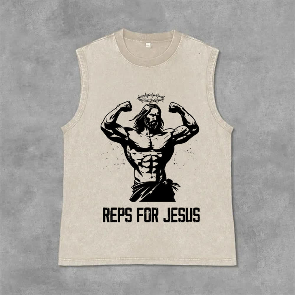 Christianartworkshop Muscular Jesus Crown Of Thorns Unisex Washed Tank Top - Beige - 2XL - image 0