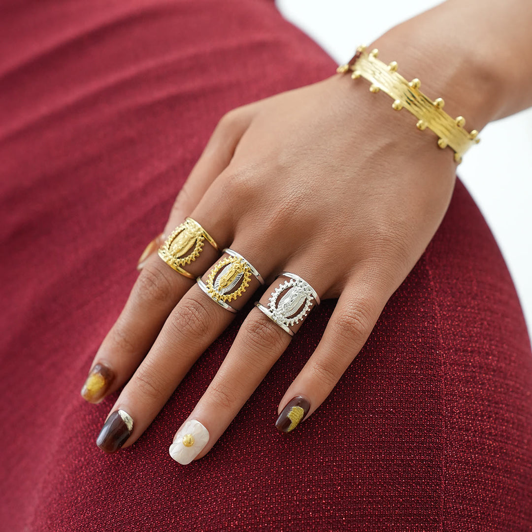 Christianartworkshop Tri-Color Hollow Frame Our Lady Band Ring: A Symbol of Divine Light & Devotion - image 1