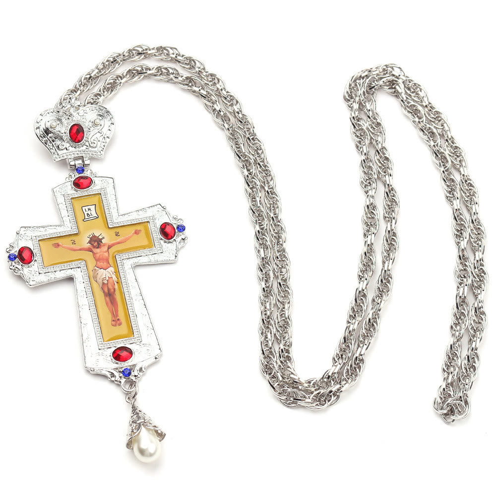 Christianartworkshop Gem-Adorned Ornate Orthodox Cross Pendant Necklace: Emblem of Redemption & Divine Glory - C - image 5