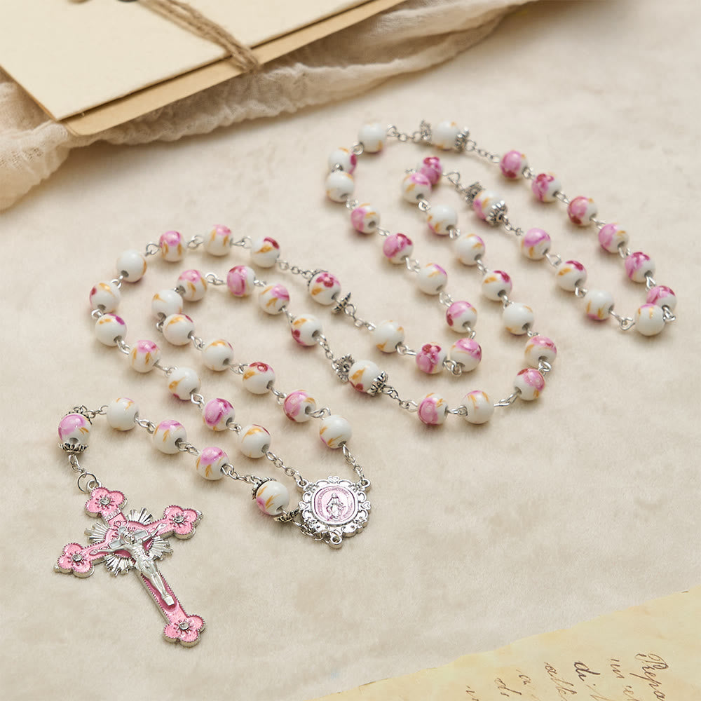 Christianartworkshop Floral Ceramic Bead Rosary with Enamel Our Lady Medal & Pink Crucifix - image 3