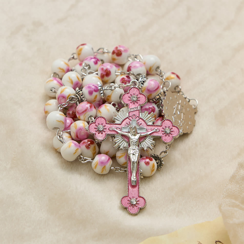 Christianartworkshop Floral Ceramic Bead Rosary with Enamel Our Lady Medal & Pink Crucifix - image 5