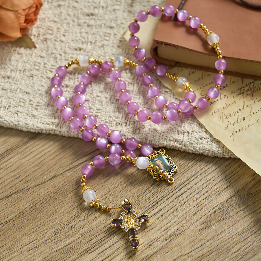 Christianartworkshop Purple Cat’s Eye Bead Rosary with Ornate Crucifix: Emblem of Divine Guidance & Marian Grace - image 2