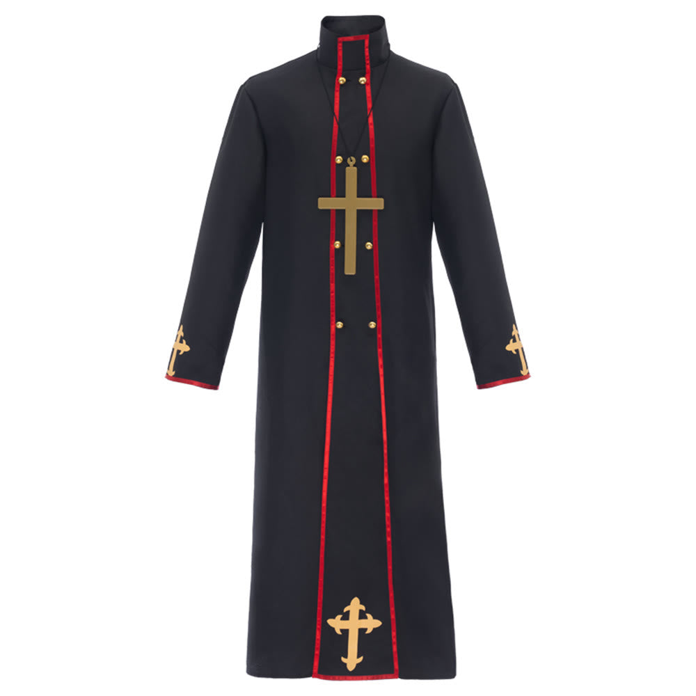 Christianartworkshop Double - Breasted Clergy Robe with Golden Cross & Red Trim - Black - 2XL - image 1