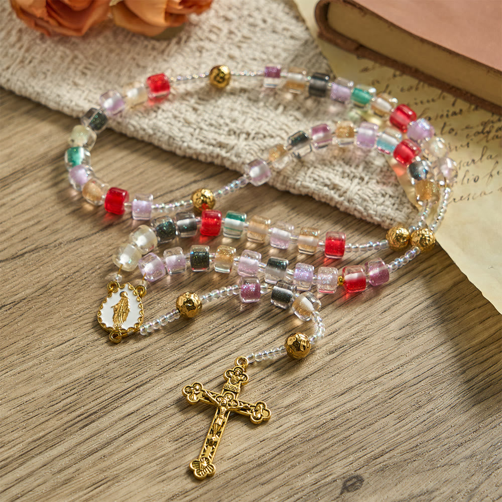 Christianartworkshop Multi-Color Resin Bead Rosary: Emblem of Divine Joy & Marian Grace - Our Lady & Crucifix - image 0