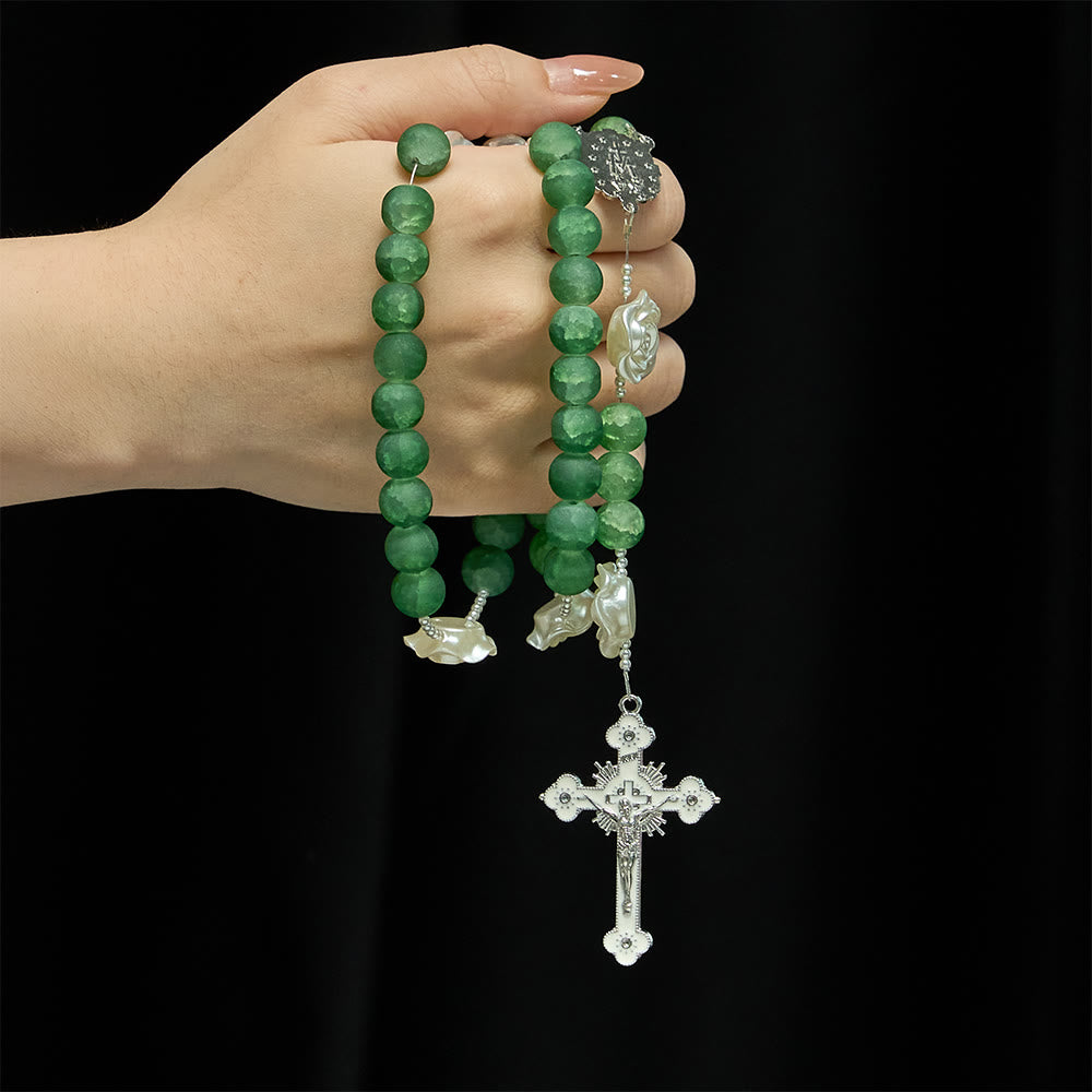 Christianartworkshop Frosted Green Glass Camellia Rosary: Emblem of Divine Purity & Marian Grace - image 1