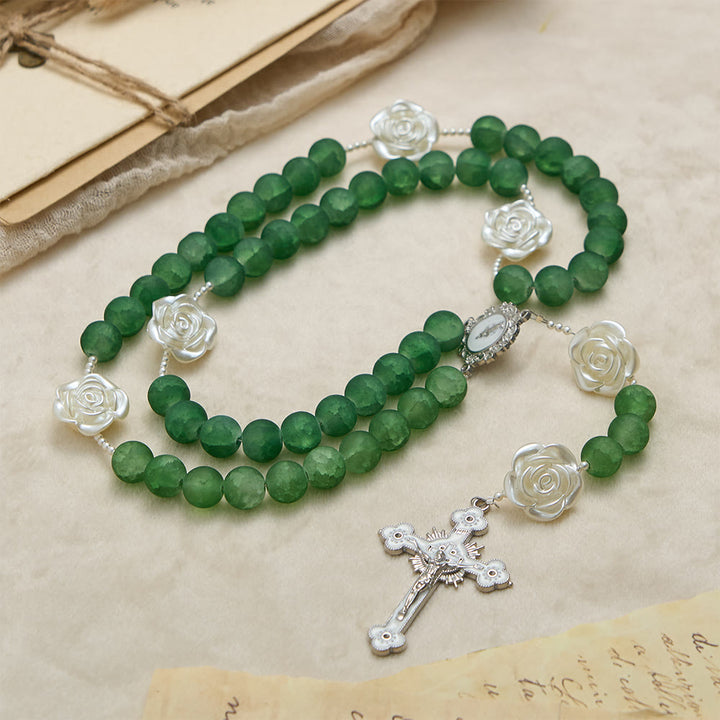 Christianartworkshop Frosted Green Glass Camellia Rosary: Emblem of Divine Purity & Marian Grace - image 4