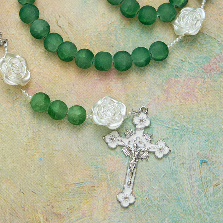 Christianartworkshop Frosted Green Glass Camellia Rosary: Emblem of Divine Purity & Marian Grace - image 8