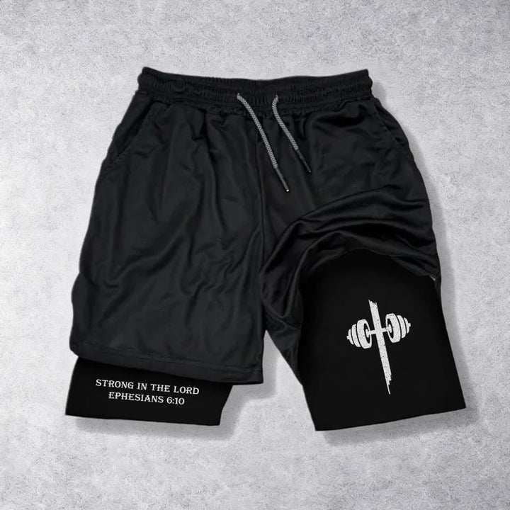 Christianartworkshop Ephesians 6:10 Strong In The Lord Barbell Cross Performance Shorts - image 13