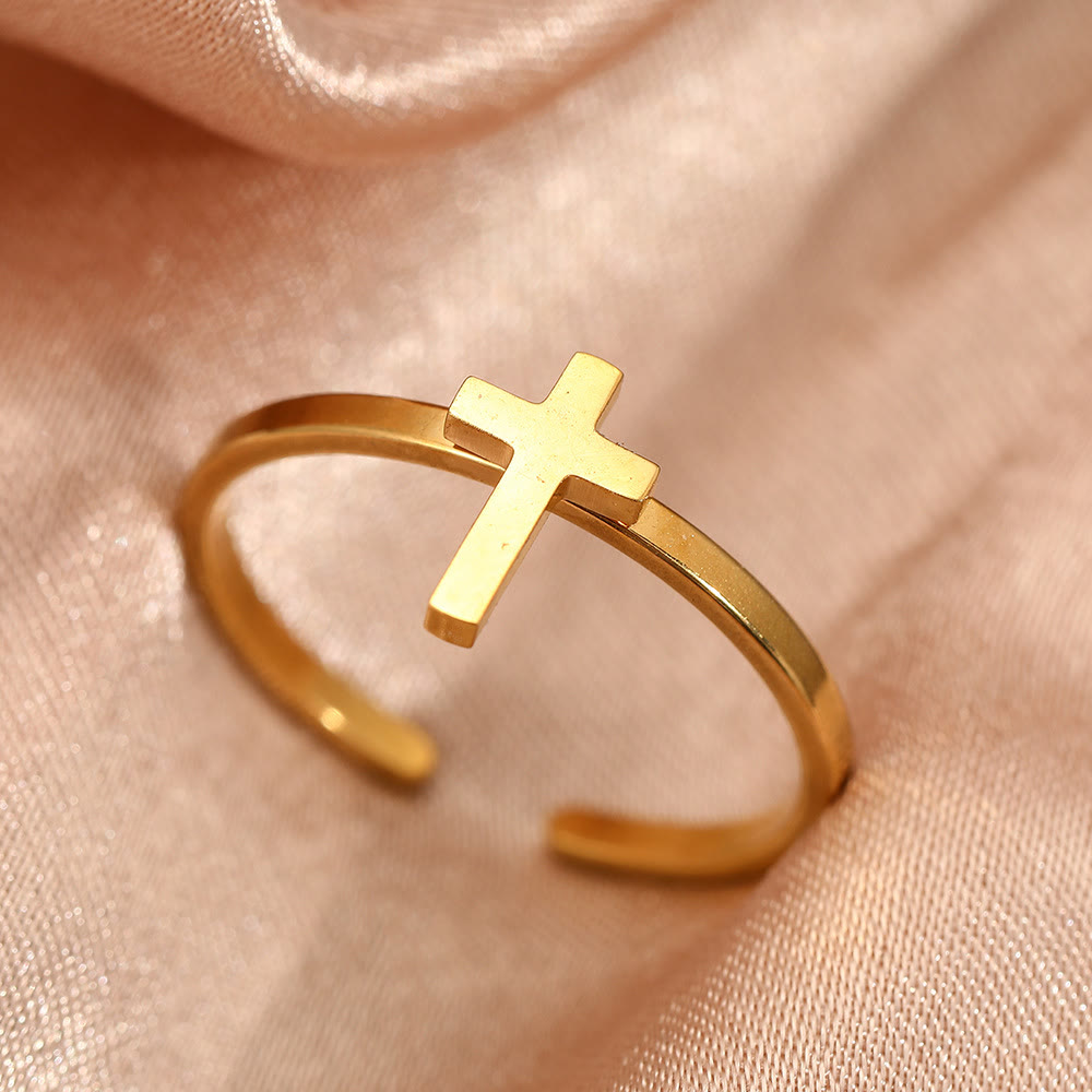 Christianartworkshop Minimalist Cross Open Ring: A Symbol Of Devout Faith & Spiritual Grace - Gold - image 0