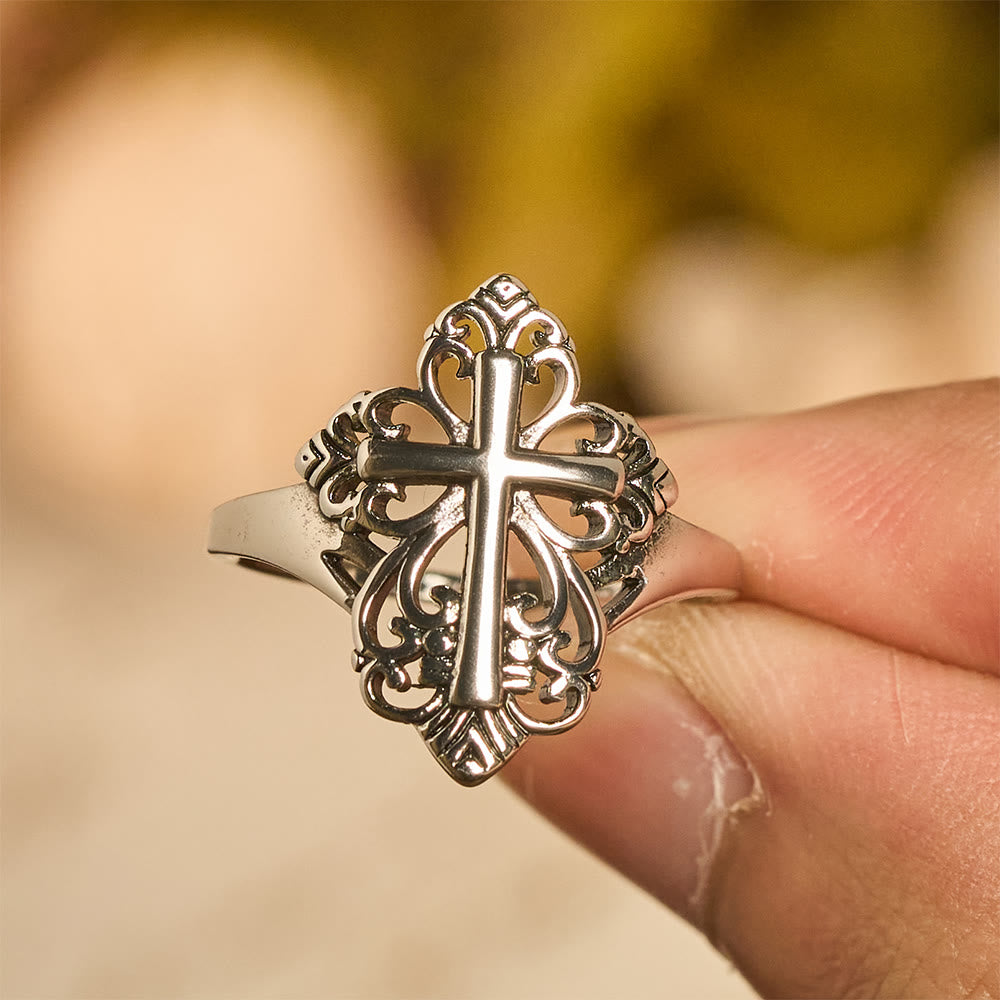 Christianartworkshop Heritage Filigree Cross Open Ring: A Symbol Of Marian Devotion & Divine Care - Cross - US 10 - image 0