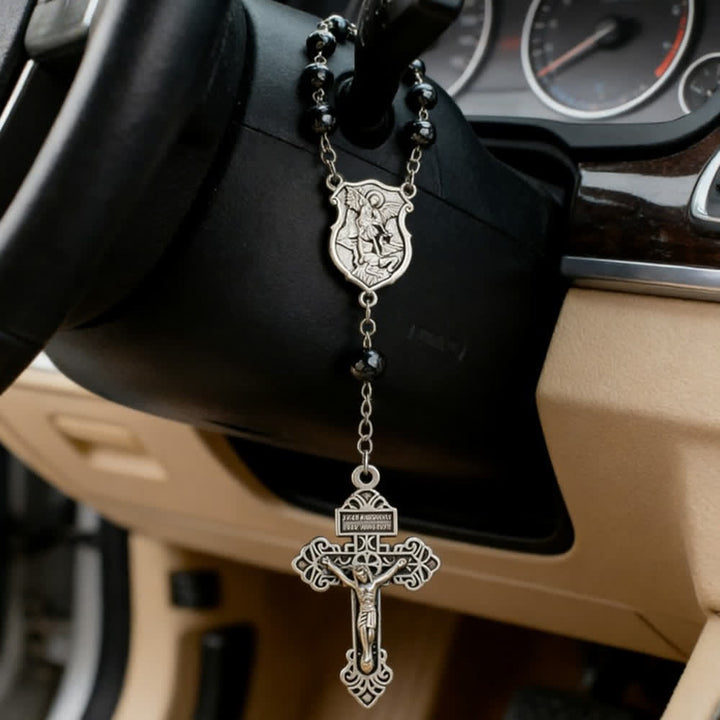 Christianartworkshop Hematite Bead Car Pendant with St. Michael Medal & Crucifix: A Gift of Heavenly Protection & Strength - image 5