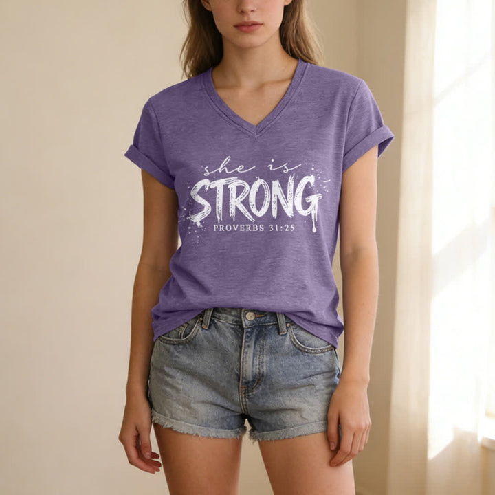 Christianartworkshop She Is Strong Proverbs 31:25 Casual V-neck T-shirt - Purple - 2XL - image 16