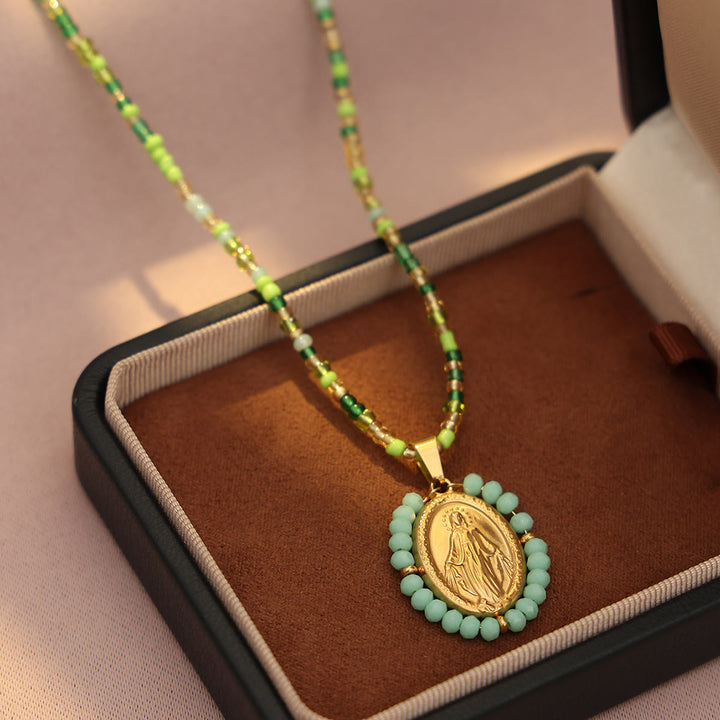 Christianartworkshop Beaded Border Our Lady Medal Necklace: Emblem of Marian Devotion - Green - image 6