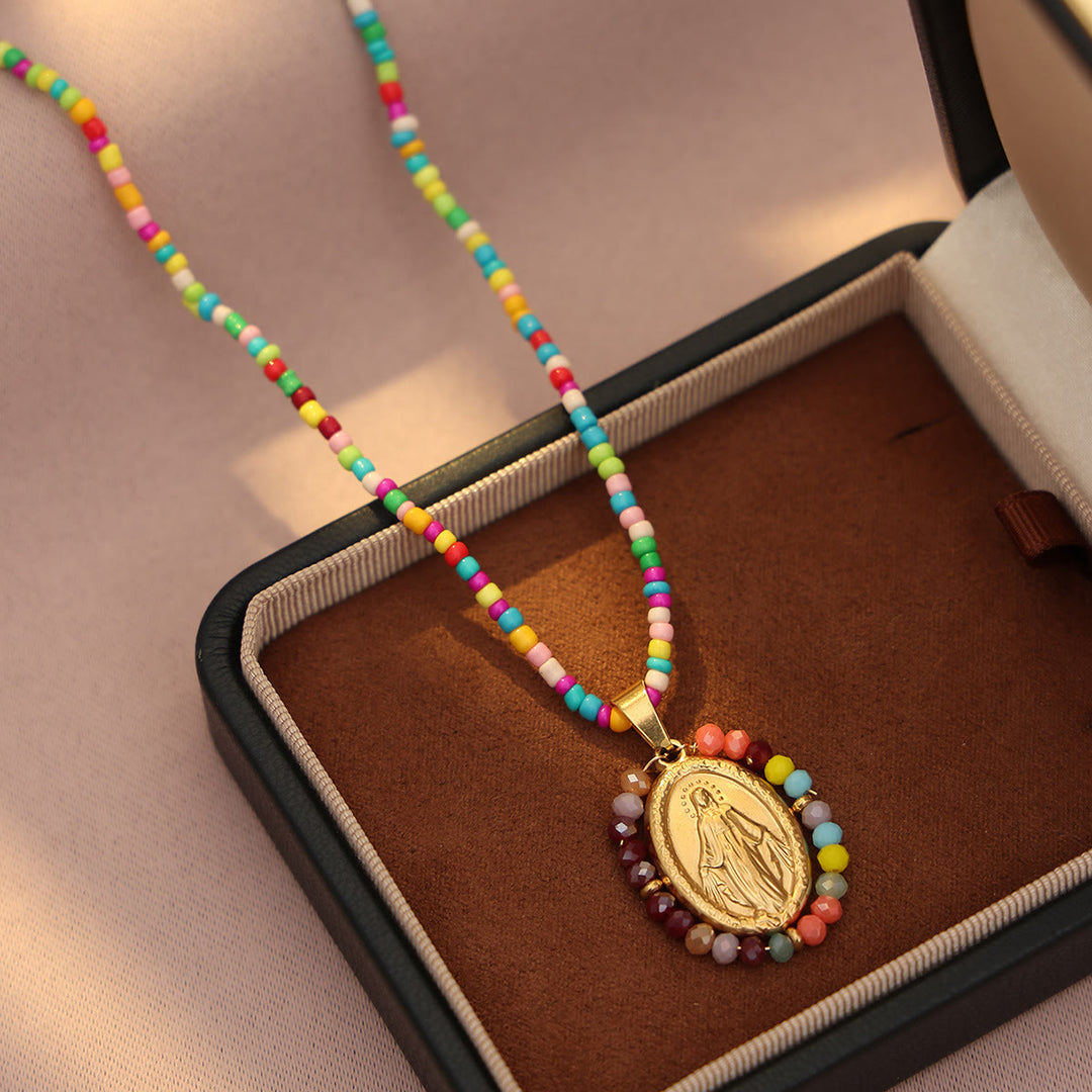 Christianartworkshop Beaded Border Our Lady Medal Necklace: Emblem of Marian Devotion - Multicolor - image 0