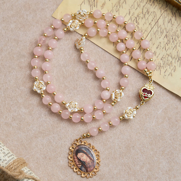 Christianartworkshop Rose Quartz Seven Sorrow Rosary with Sacred Heart: Emblem of Marian Compassion - Rose Quartz Rosary - image 0