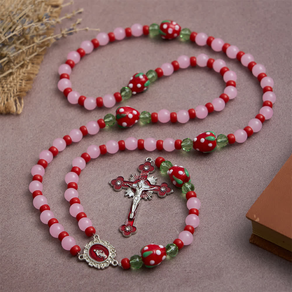 Christianartworkshop Sweet Strawberry Devotion Rosary with Pink Glass Beads & Our Lady Accents - image 5