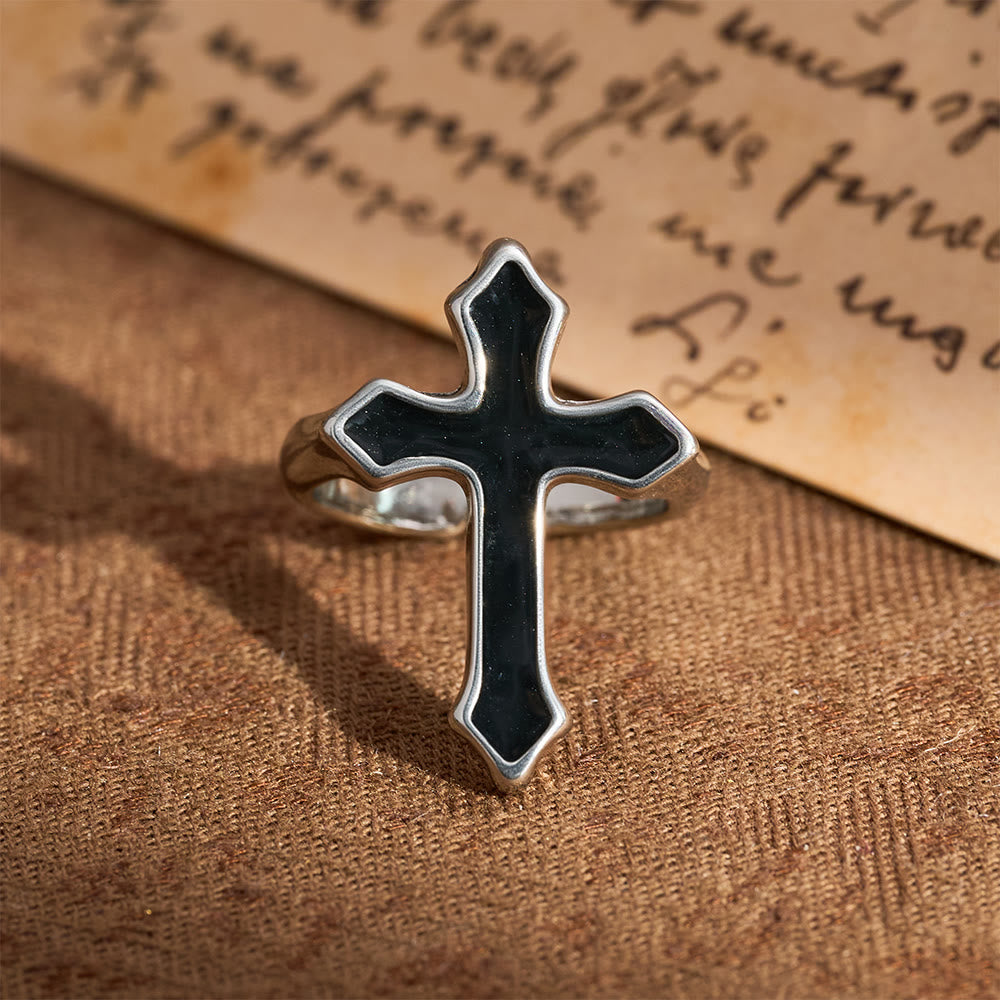 Christianartworkshop Four-Color Enamel Cross Open Ring: Emblem of Faith’s Light - Black - image 3