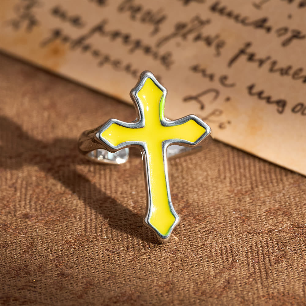 Christianartworkshop Four-Color Enamel Cross Open Ring: Emblem of Faith’s Light - Yellow - image 7
