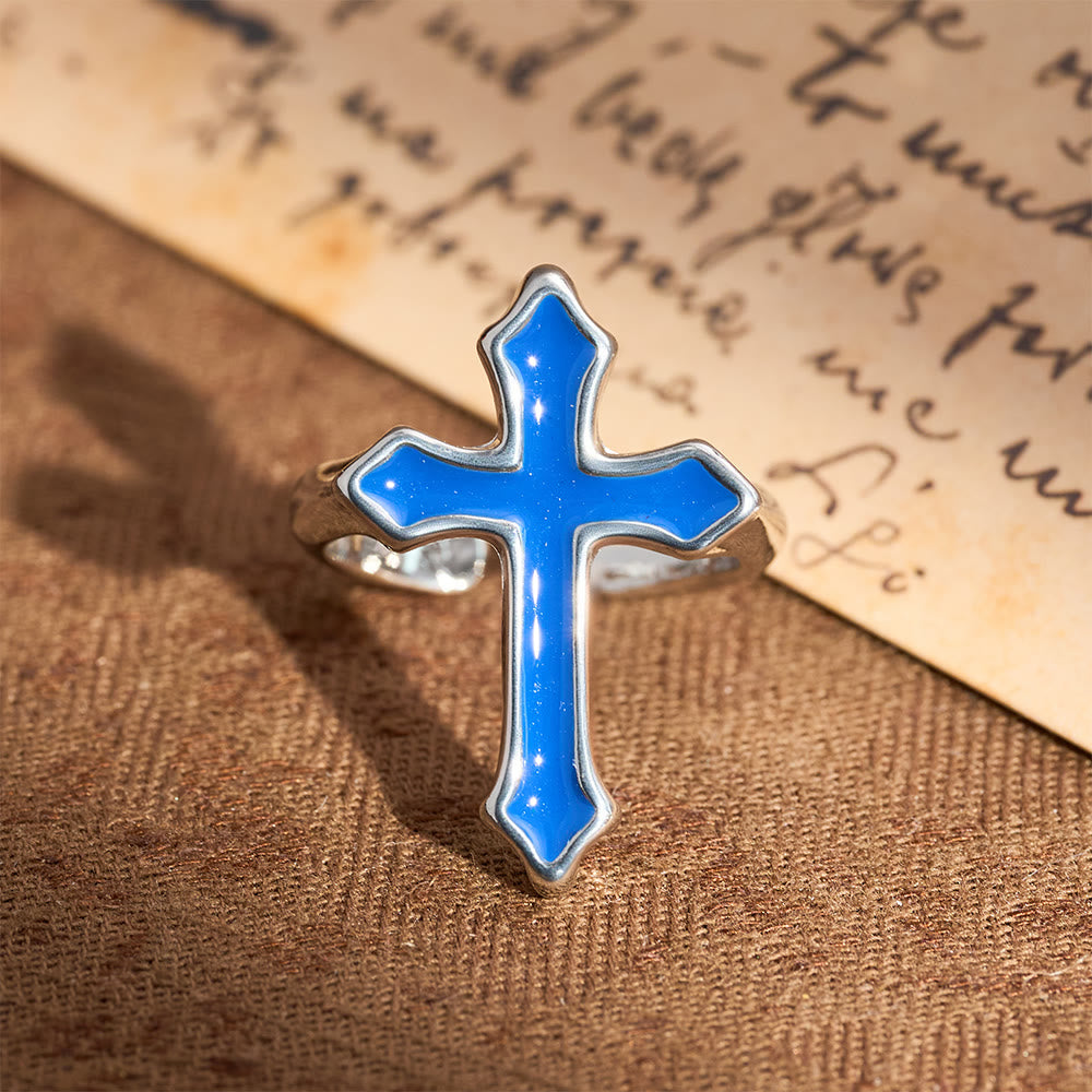 Christianartworkshop Four-Color Enamel Cross Open Ring: Emblem of Faith’s Light - Blue - image 6