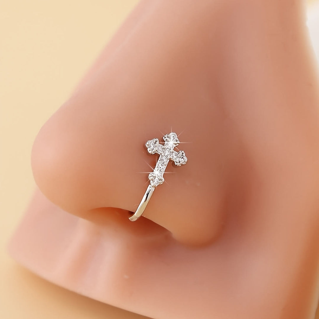 Christianartworkshop Two - Color Sparkling Cross Crystal Nose Ring: Walk in the Path of Sacred Style - Silver - image 0