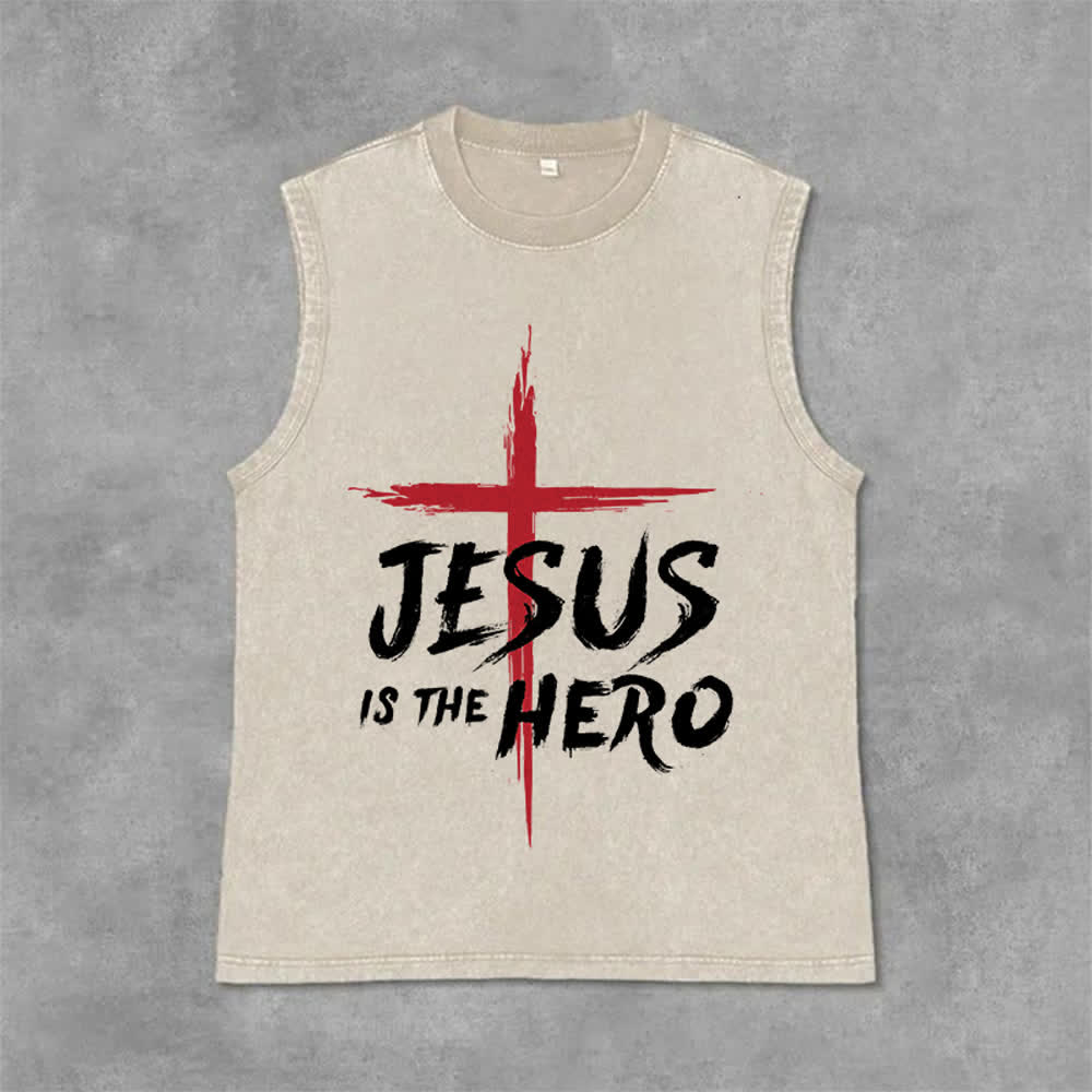 Christianartworkshop Jesus Is The Hero Red Cross Unisex Washed Tank Top - Beige - 2XL - image 0