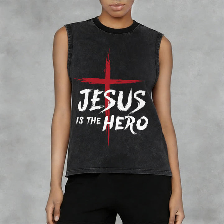 Christianartworkshop Jesus Is The Hero Red Cross Unisex Washed Tank Top - image 5