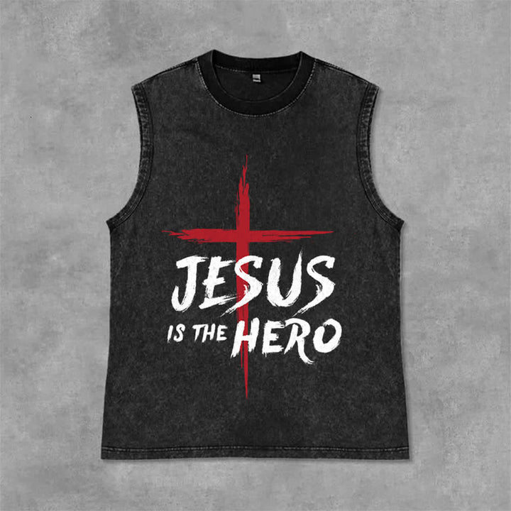 Christianartworkshop Jesus Is The Hero Red Cross Unisex Washed Tank Top - Black - 2XL - image 3