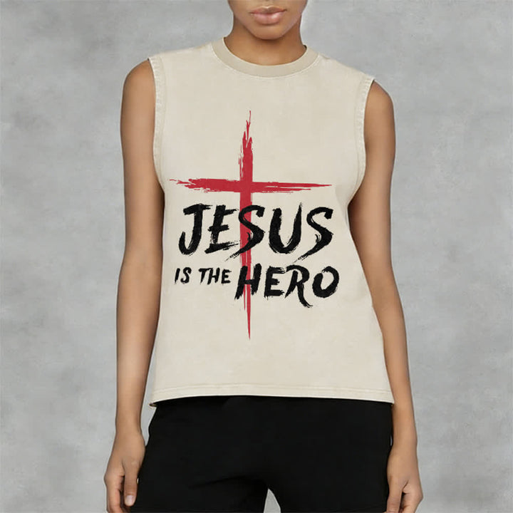 Christianartworkshop Jesus Is The Hero Red Cross Unisex Washed Tank Top - image 2