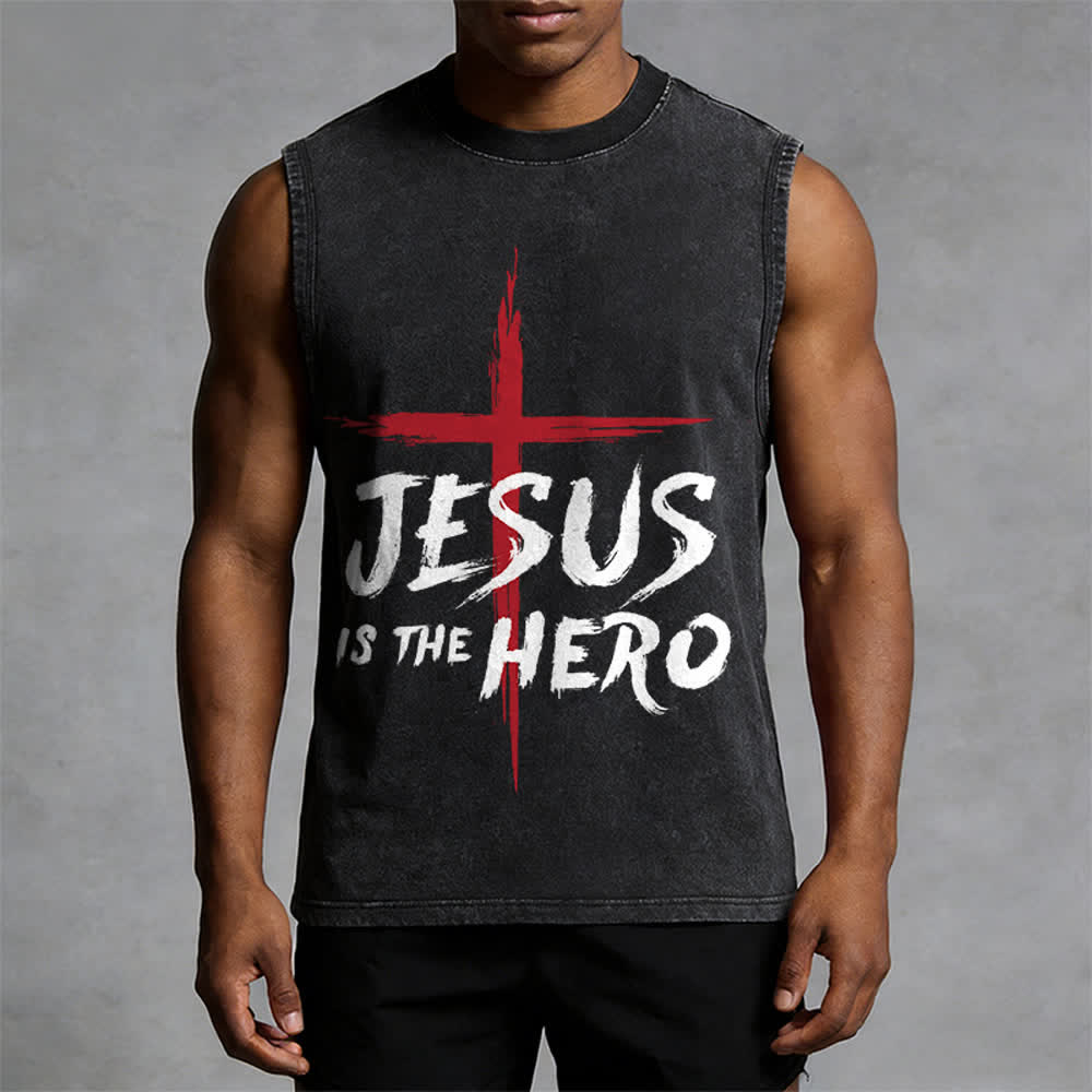 Christianartworkshop Jesus Is The Hero Red Cross Unisex Washed Tank Top - image 4