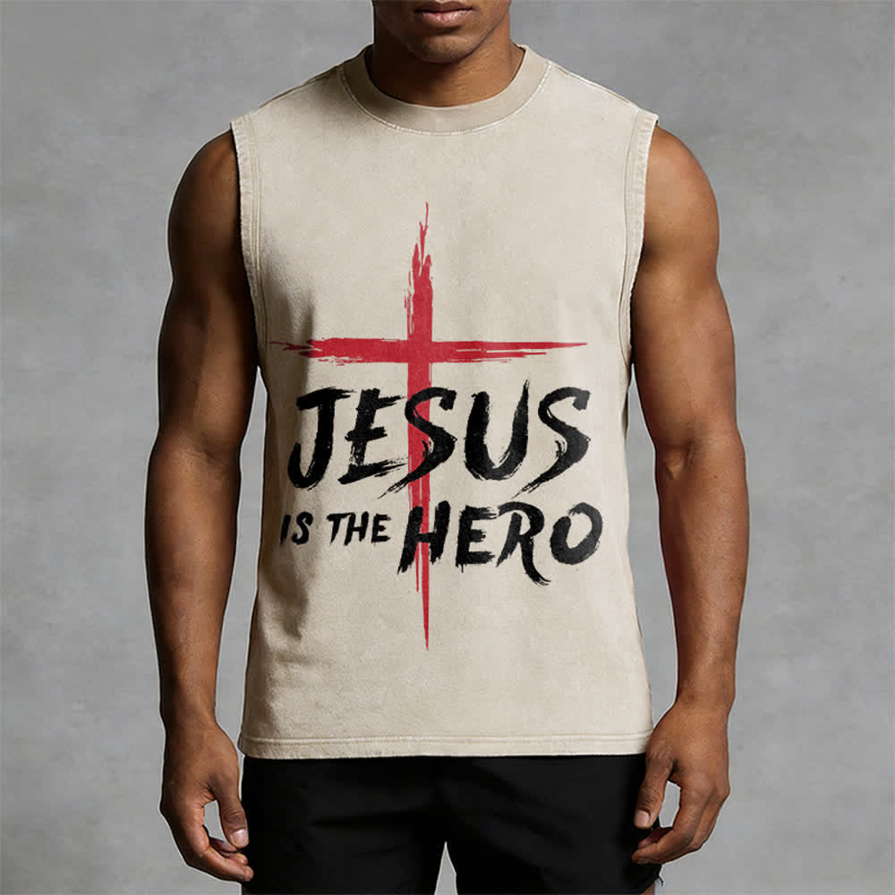 Christianartworkshop Jesus Is The Hero Red Cross Unisex Washed Tank Top - image 1