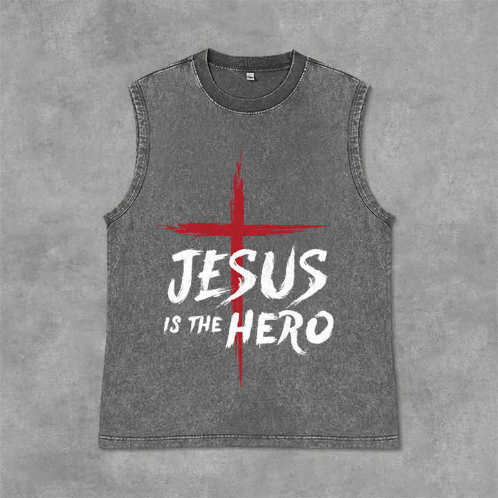 Christianartworkshop Jesus Is The Hero Red Cross Unisex Washed Tank Top - Grey - 2XL - image 6