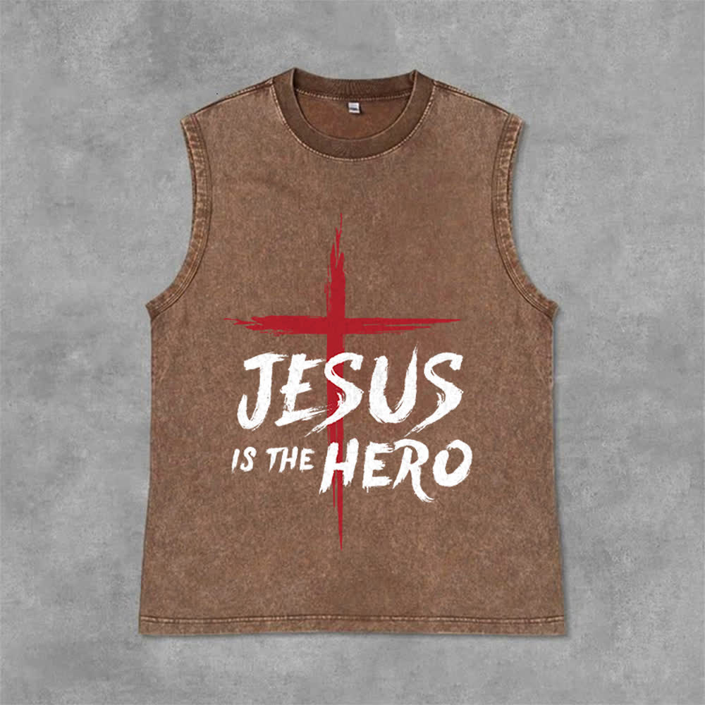 Christianartworkshop Jesus Is The Hero Red Cross Unisex Washed Tank Top - Brown - 2XL - image 9