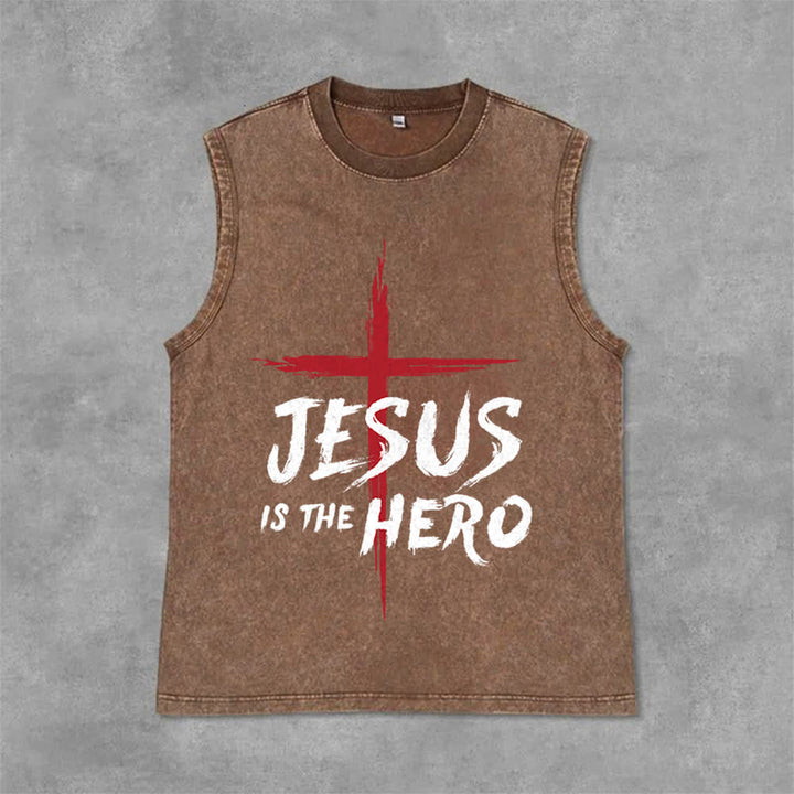 Christianartworkshop Jesus Is The Hero Red Cross Unisex Washed Tank Top - Brown - 2XL - image 9