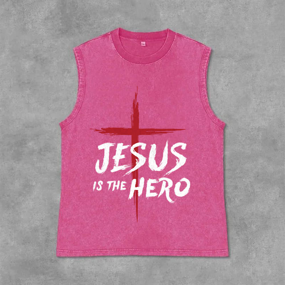 Christianartworkshop Jesus Is The Hero Red Cross Unisex Washed Tank Top - Pink - 2XL - image 12