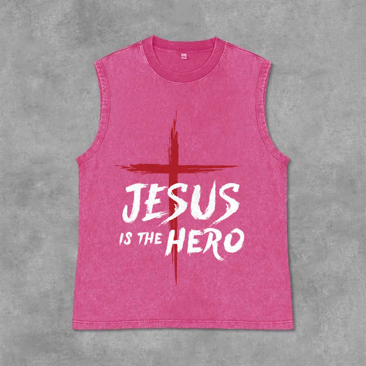 Christianartworkshop Jesus Is The Hero Red Cross Unisex Washed Tank Top - Pink - 2XL - image 12
