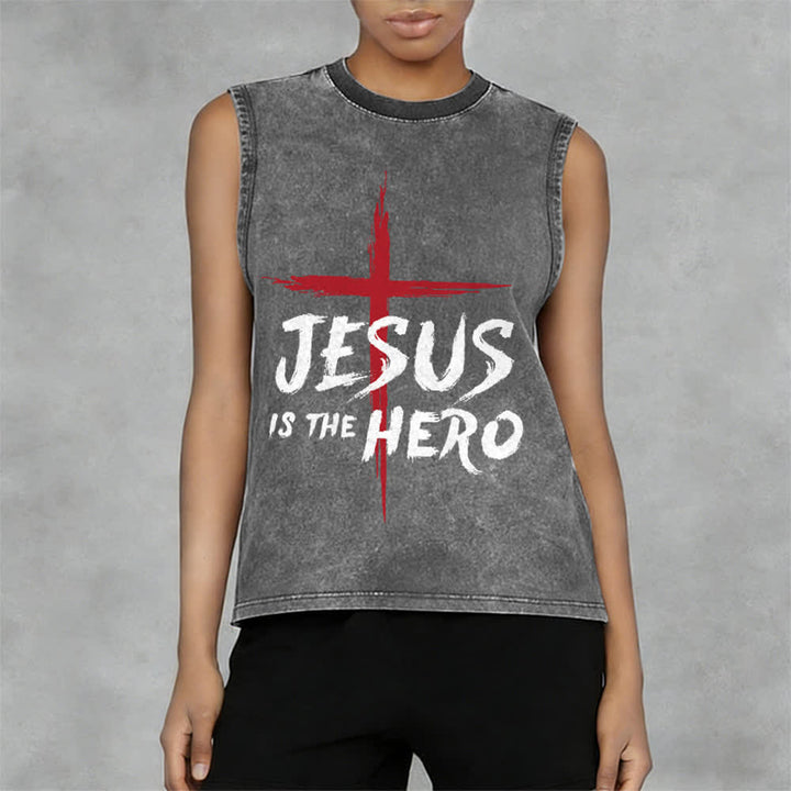 Christianartworkshop Jesus Is The Hero Red Cross Unisex Washed Tank Top - image 8