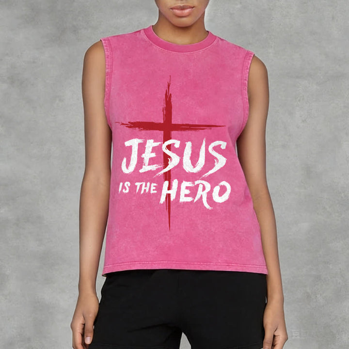 Christianartworkshop Jesus Is The Hero Red Cross Unisex Washed Tank Top - image 14
