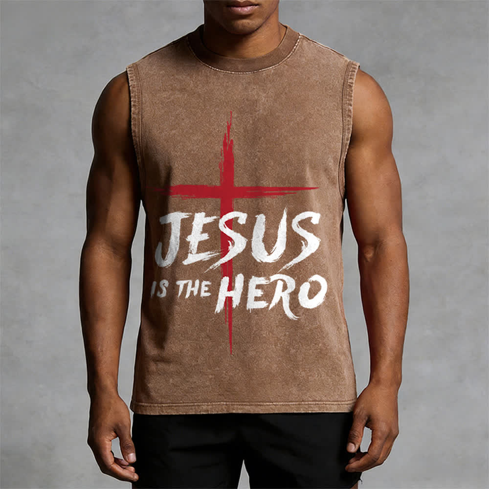 Christianartworkshop Jesus Is The Hero Red Cross Unisex Washed Tank Top - image 10