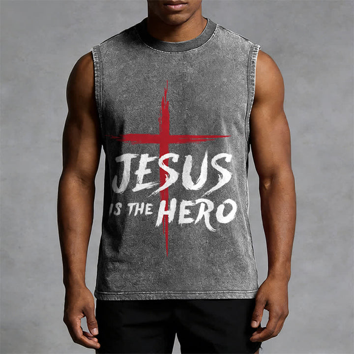 Christianartworkshop Jesus Is The Hero Red Cross Unisex Washed Tank Top - image 7