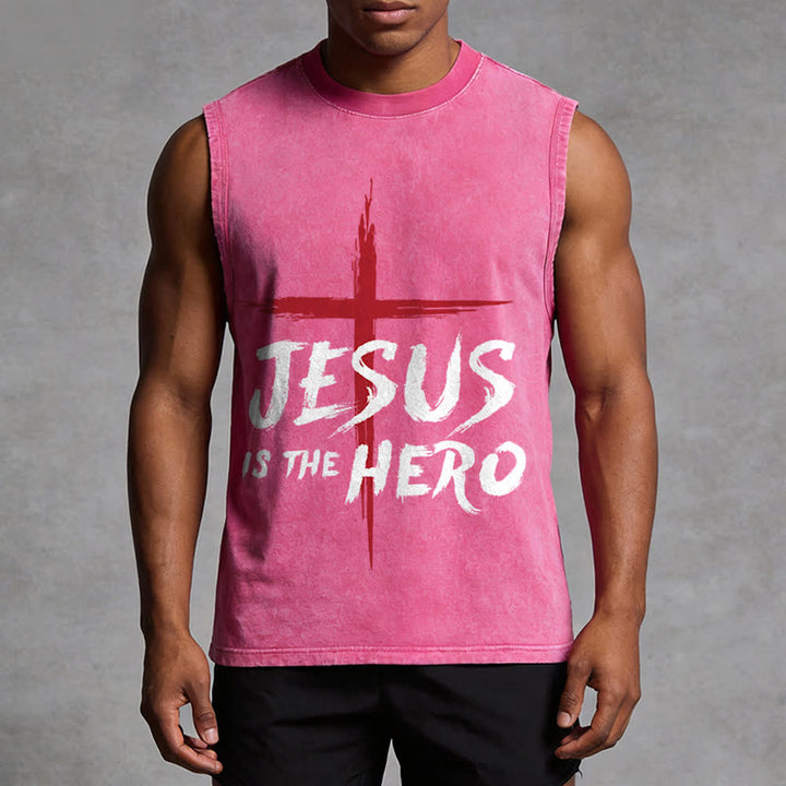 Christianartworkshop Jesus Is The Hero Red Cross Unisex Washed Tank Top - image 13