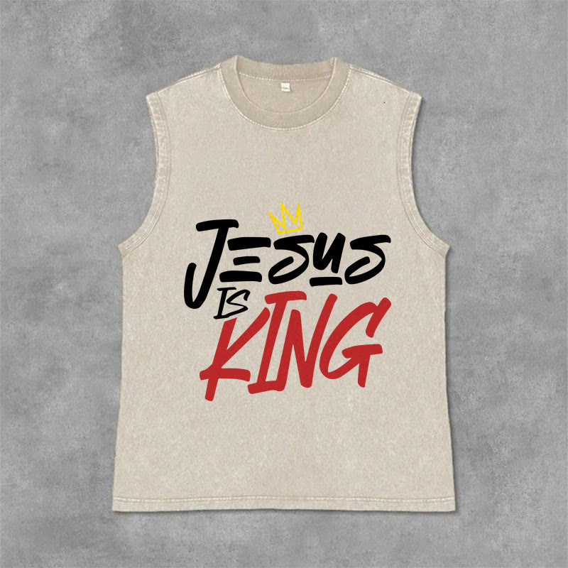 Christianartworkshop JESUS IS KING Unisex Washed Tank Top - Beige - 2XL - image 3
